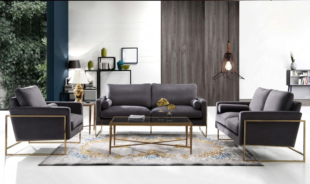 Sorrento Grey Velvet Sofa Set With Gold Frame