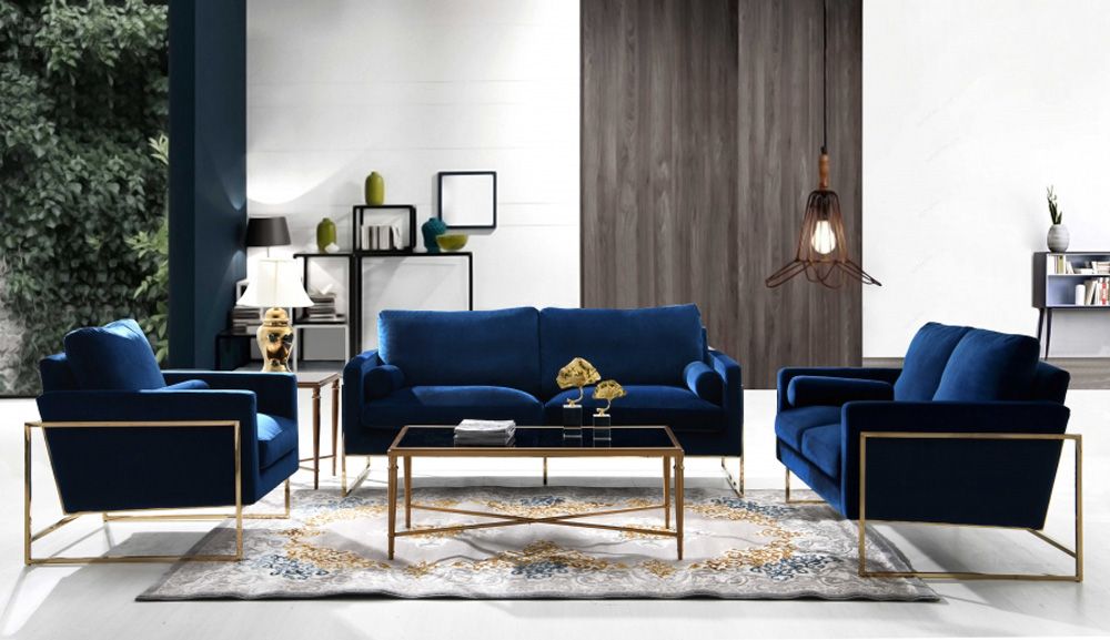 Sorrento Navy Velvet Sofa Set With Gold Base