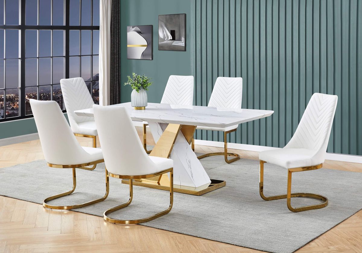 Stanford Marble Dining Table With White Chairs