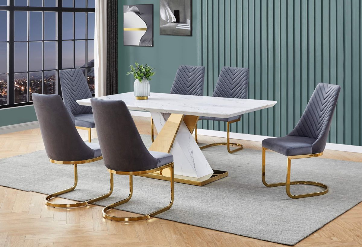 Stanford Marble Dining Table With Grey Chairs