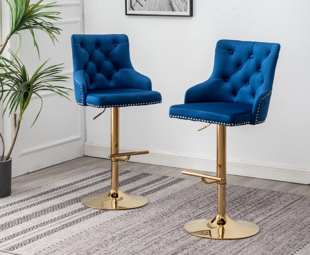 Stavros Navy Velvet Gold Bar Stools