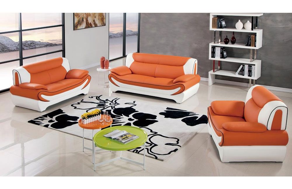 Sterling Orange Leather Modern Sofa Set