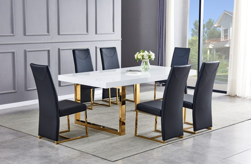 Stirling Glossy White With Gold Dining Table With Black Chairs