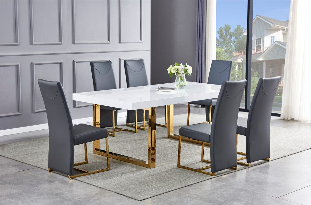 Stirling Glossy White With Gold Dining Table With Grey Chairs