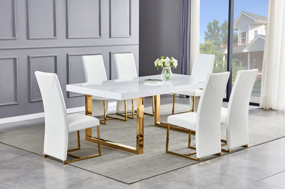 Stirling Glossy White With Gold Dining Table With White Chairs