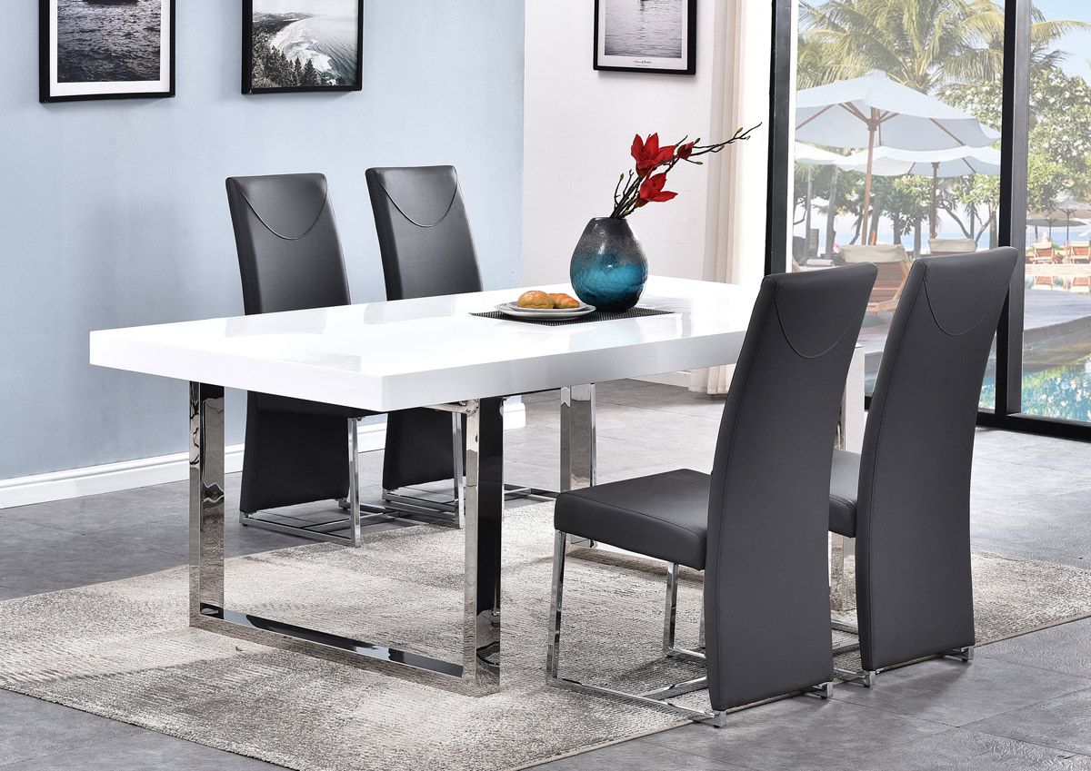 Stirling Glossy White Dining Table Gray Chairs