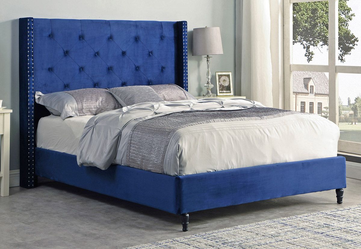 Stratus Blue Velvet Winged Headboard Bed