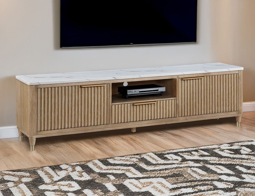 Symphony Cerused Natural Finish TV Stand Faux Marble Top