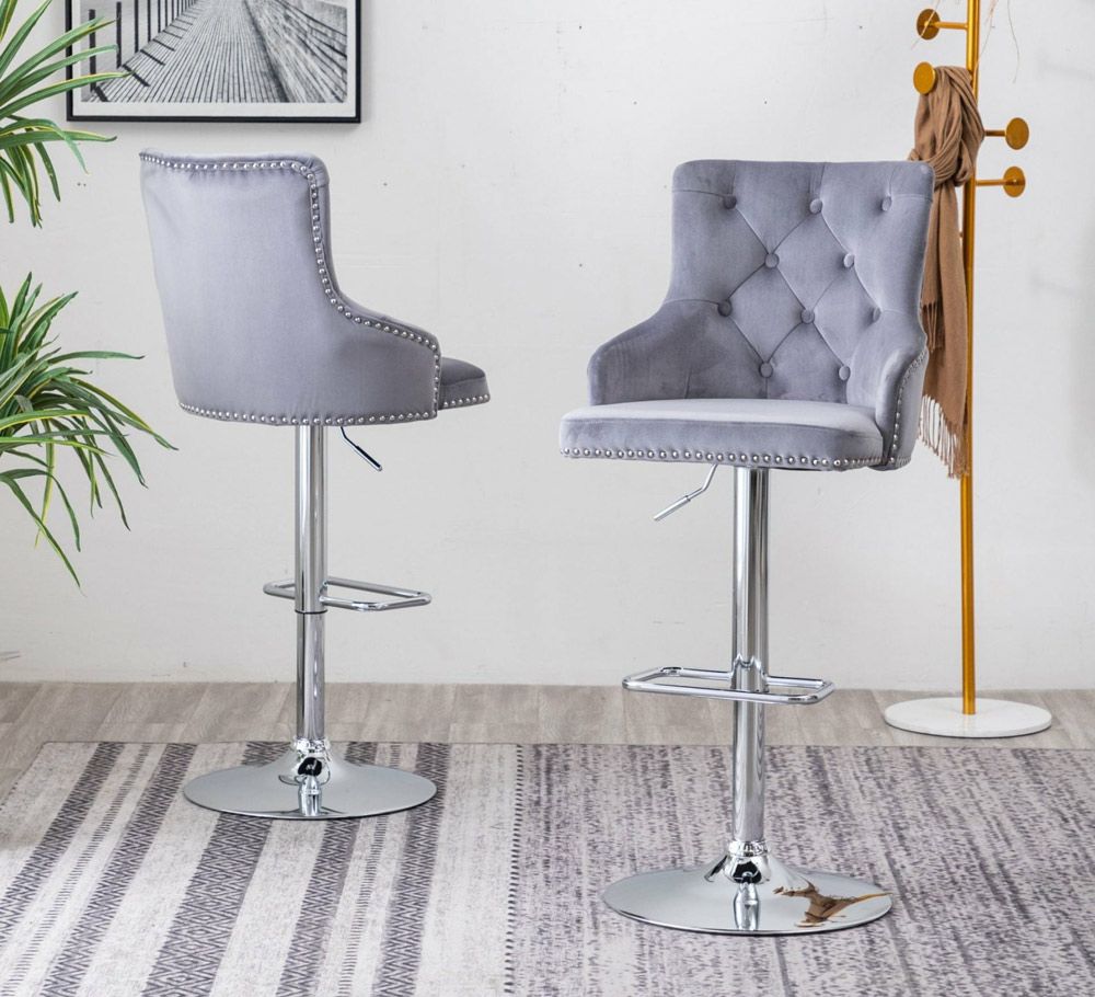 Tapoa Grey Velvet Button Tufted Barstool Set