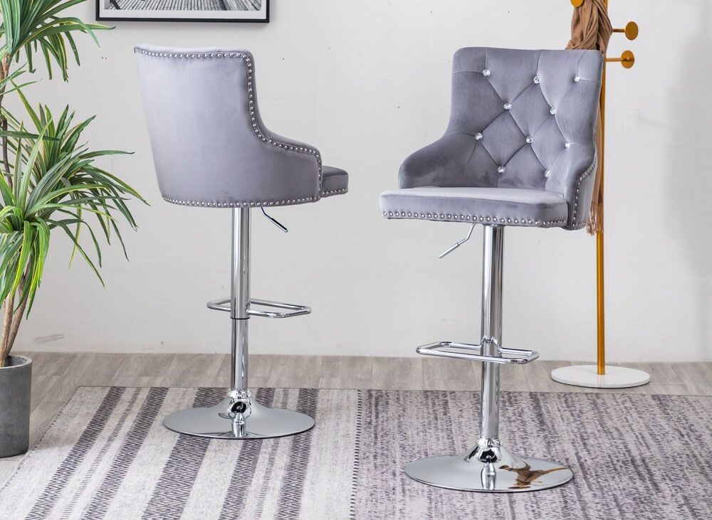 Tapoa Grey Velvet Crystal Tufted Barstool Set