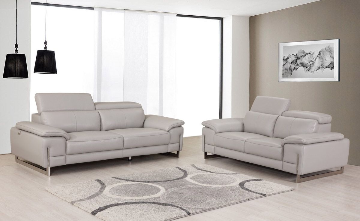 Taranto Light Gray Italian Leather Sofa Set