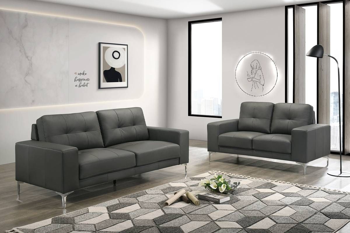 Tarryn Grey Leather 2-Piece Sofa Set