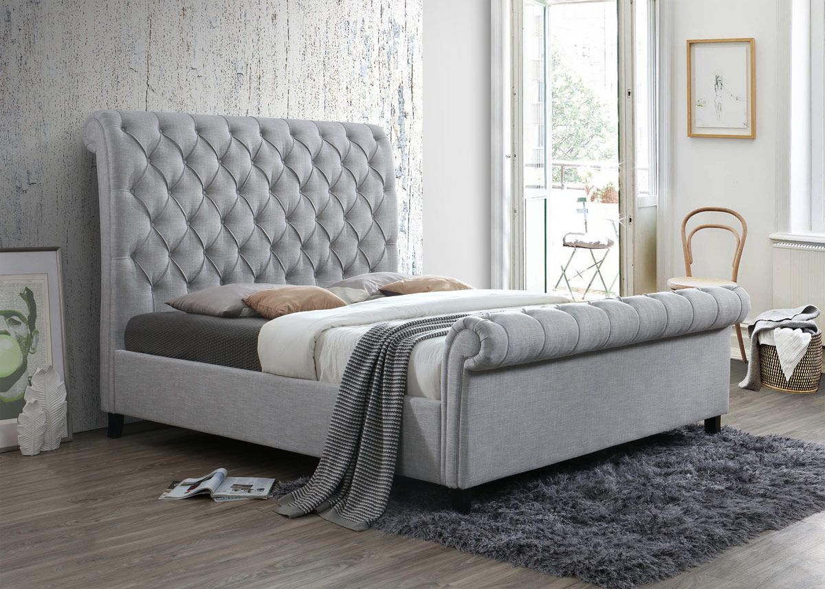 Tasha Tufted Headboard Bed Grey Linen