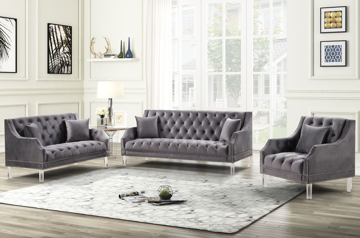 Tirrel Grey Velvet Modern Sofa Set