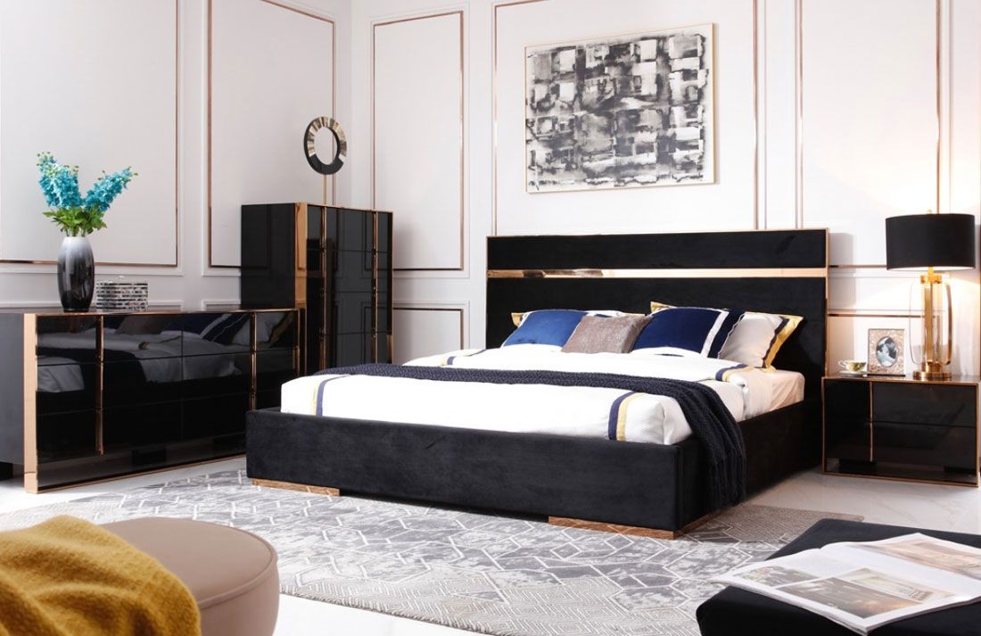 Toledo Black Velvet Bed Rosegold Accents