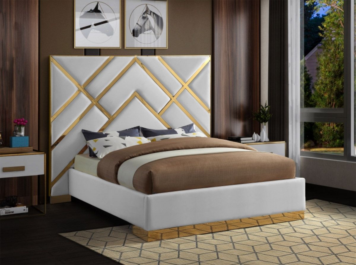 Tristen White Leather Bed With Gold Trim