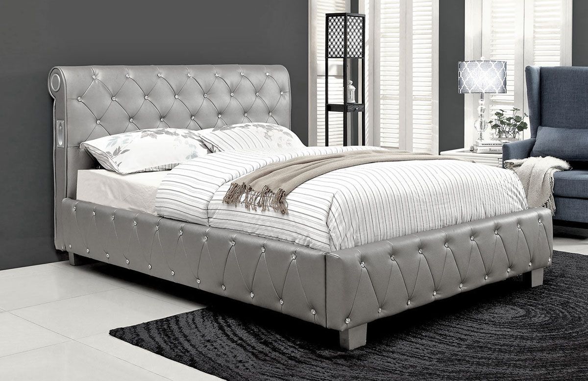 Velen Silver Leather Bed With Crystals