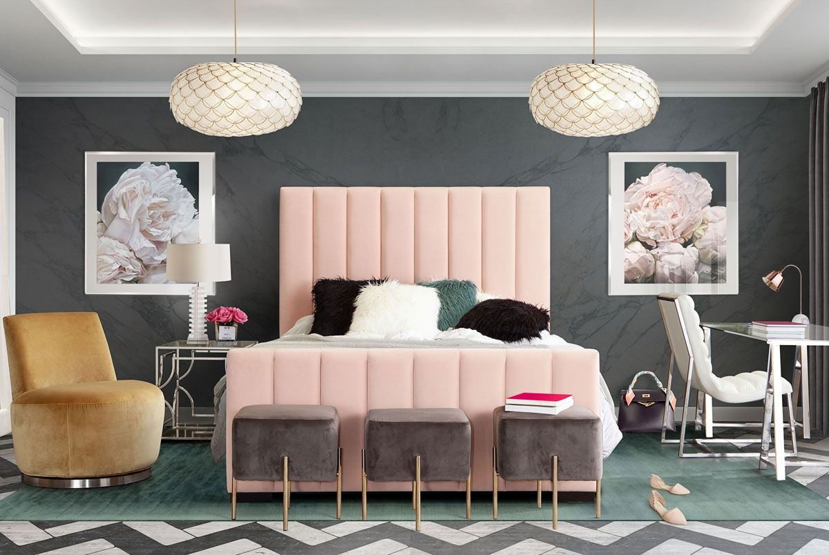 Leland Pink Velvet Upholstered Bed