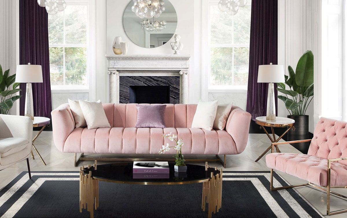 Marko Blush Velvet Sofa Brass Legs