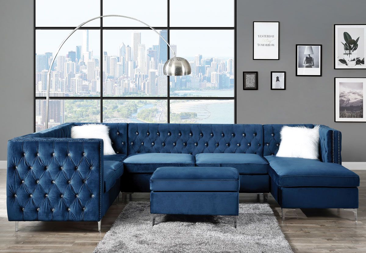 Verity Blue Velvet Sectional Crystal Tufted