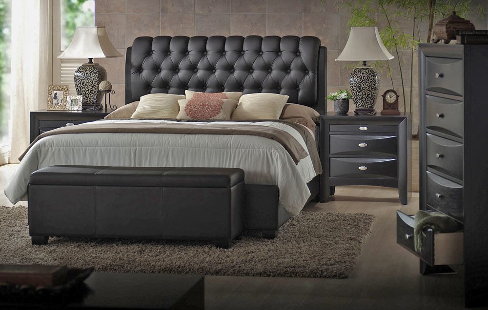 Viola Black Leather Button Tufted Bed