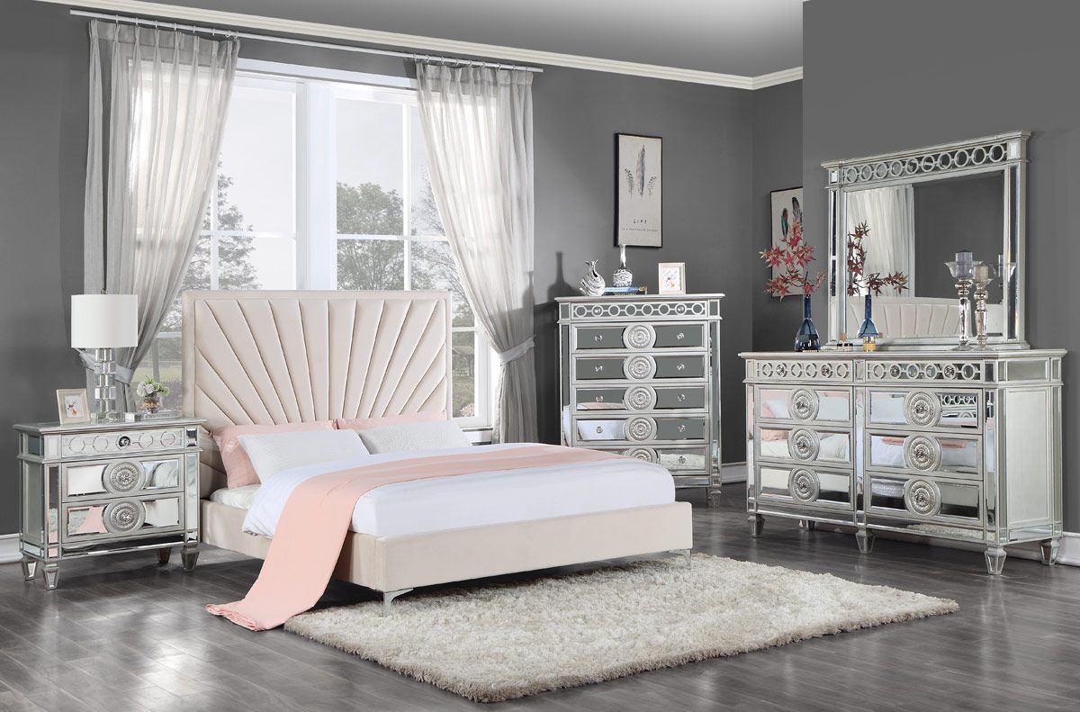 Vivian Beige Velvet Platform Bed