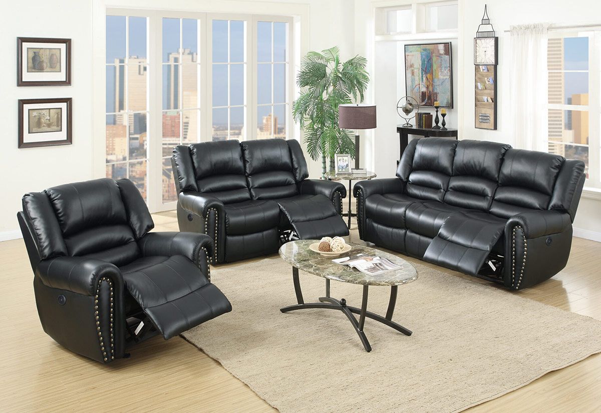 Waterloo Power Recliner Sofa Set Black Leather