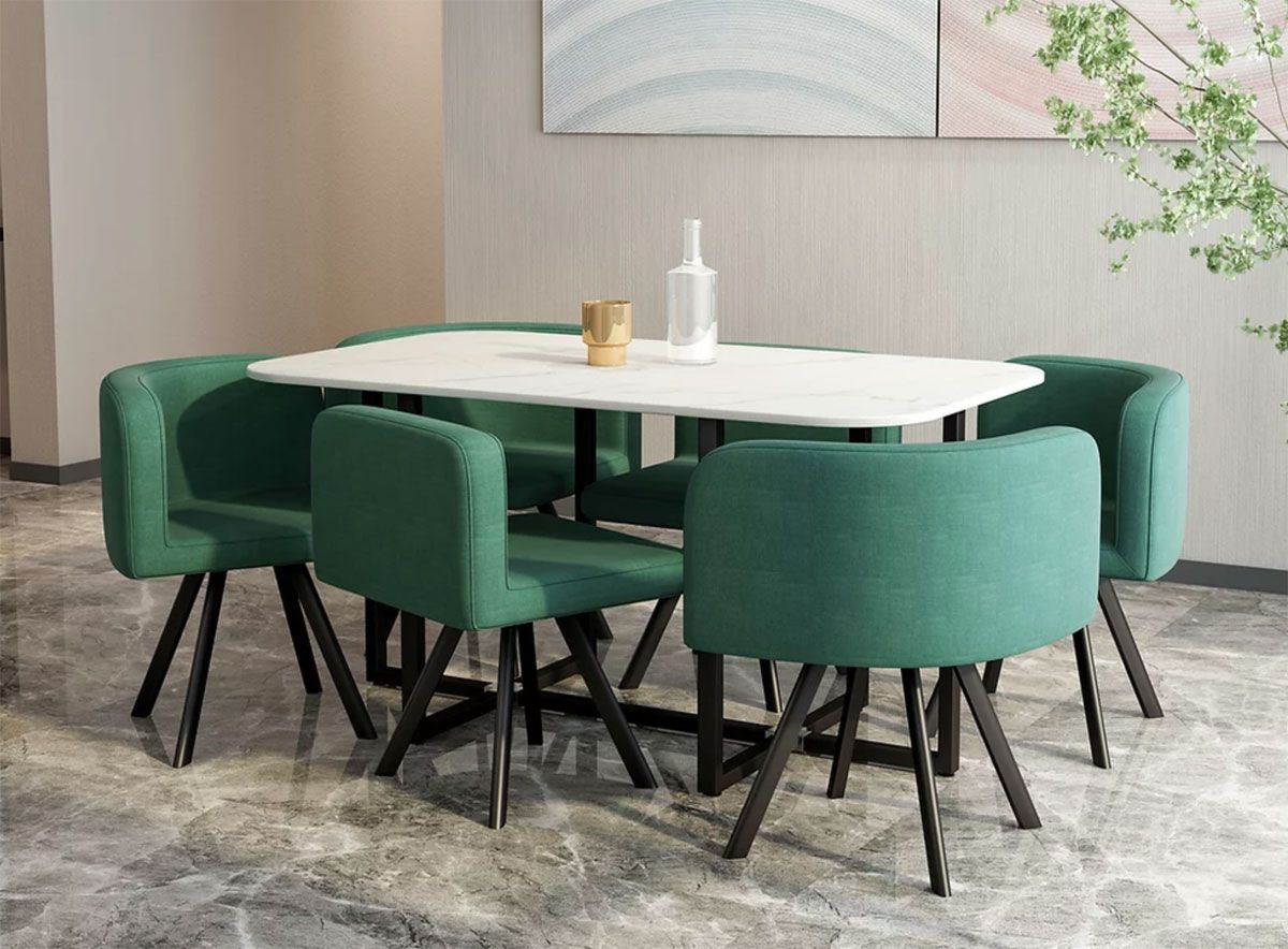 Watt 7-Piece Faux Marble Table Set With Green Chairs