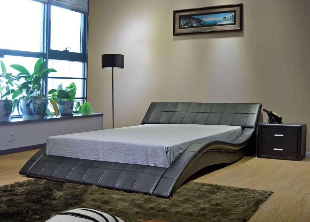 Wavy Black Leather Modern Platform Bed