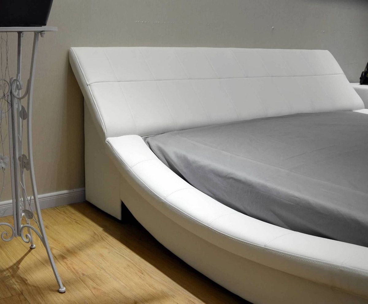 Wavy White Leather Low Platform Bed Side Rail