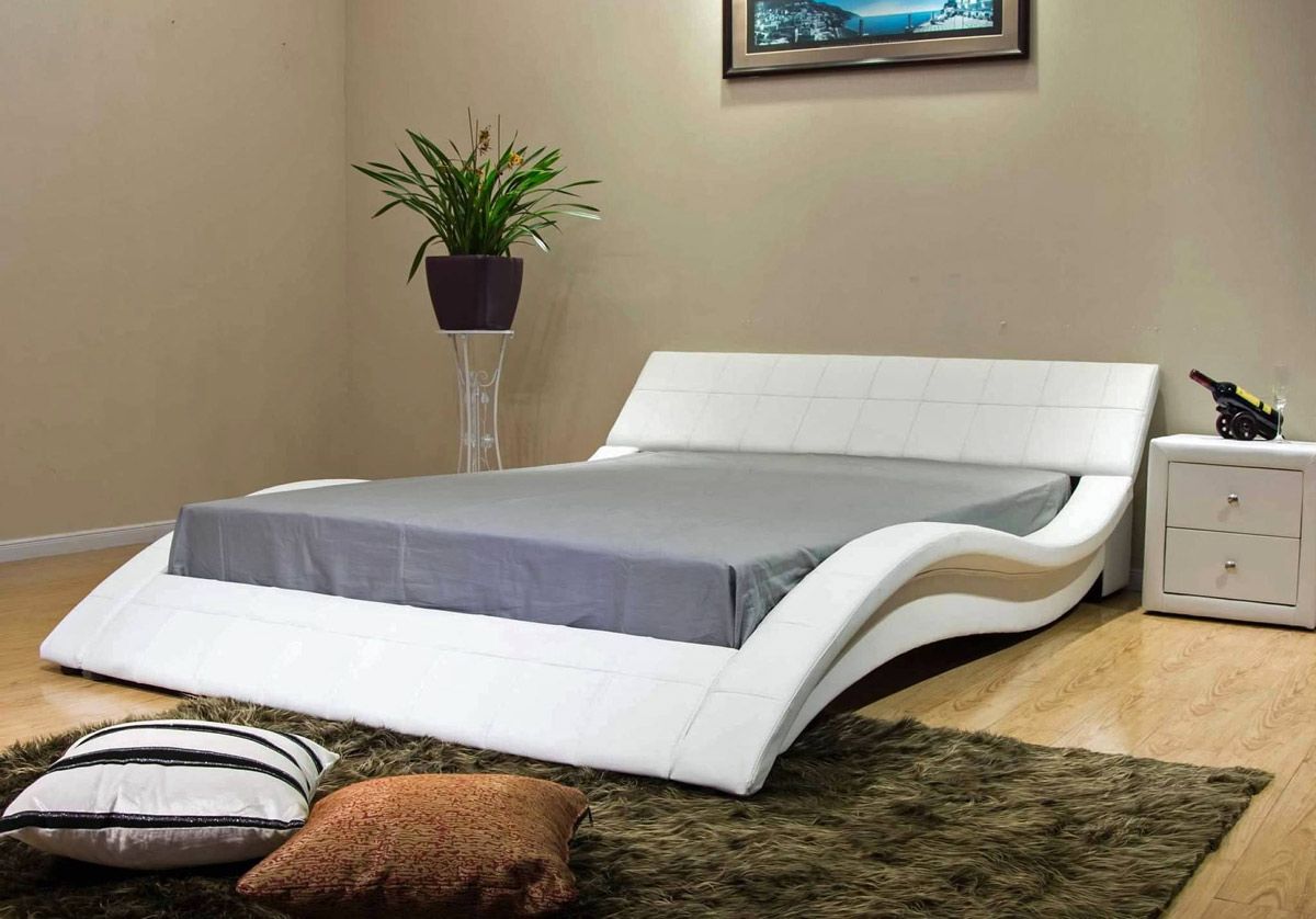 Wavy White Leather Low Platform Bed