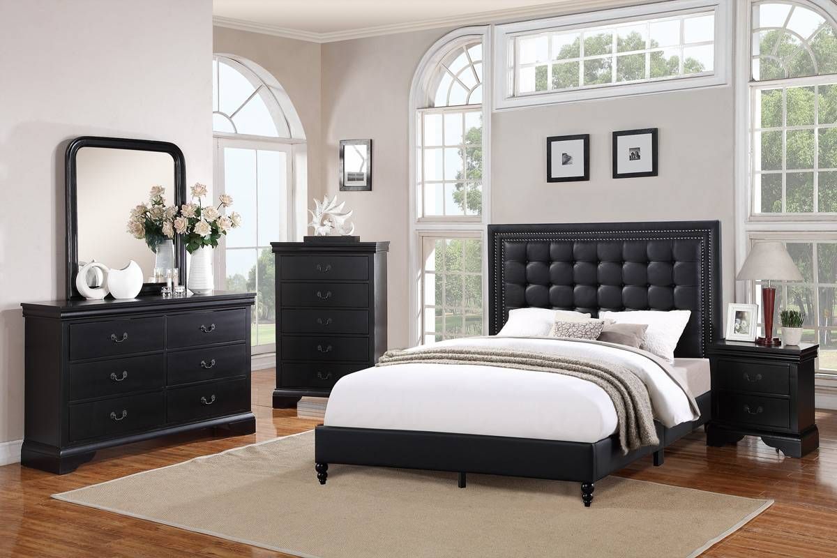 William Tufted Black Leather Bed