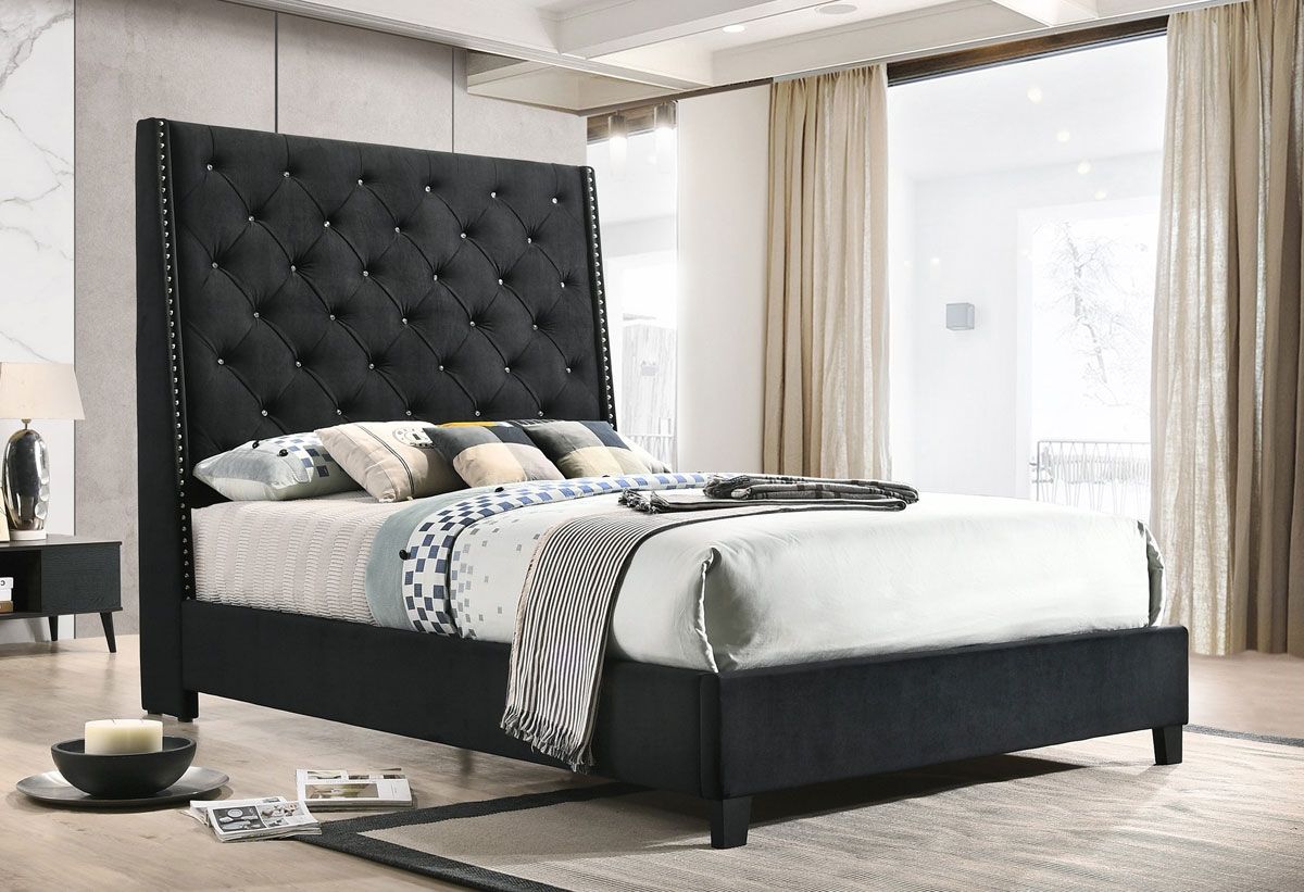 Winston Bed Crystal Tufted Black Velvet