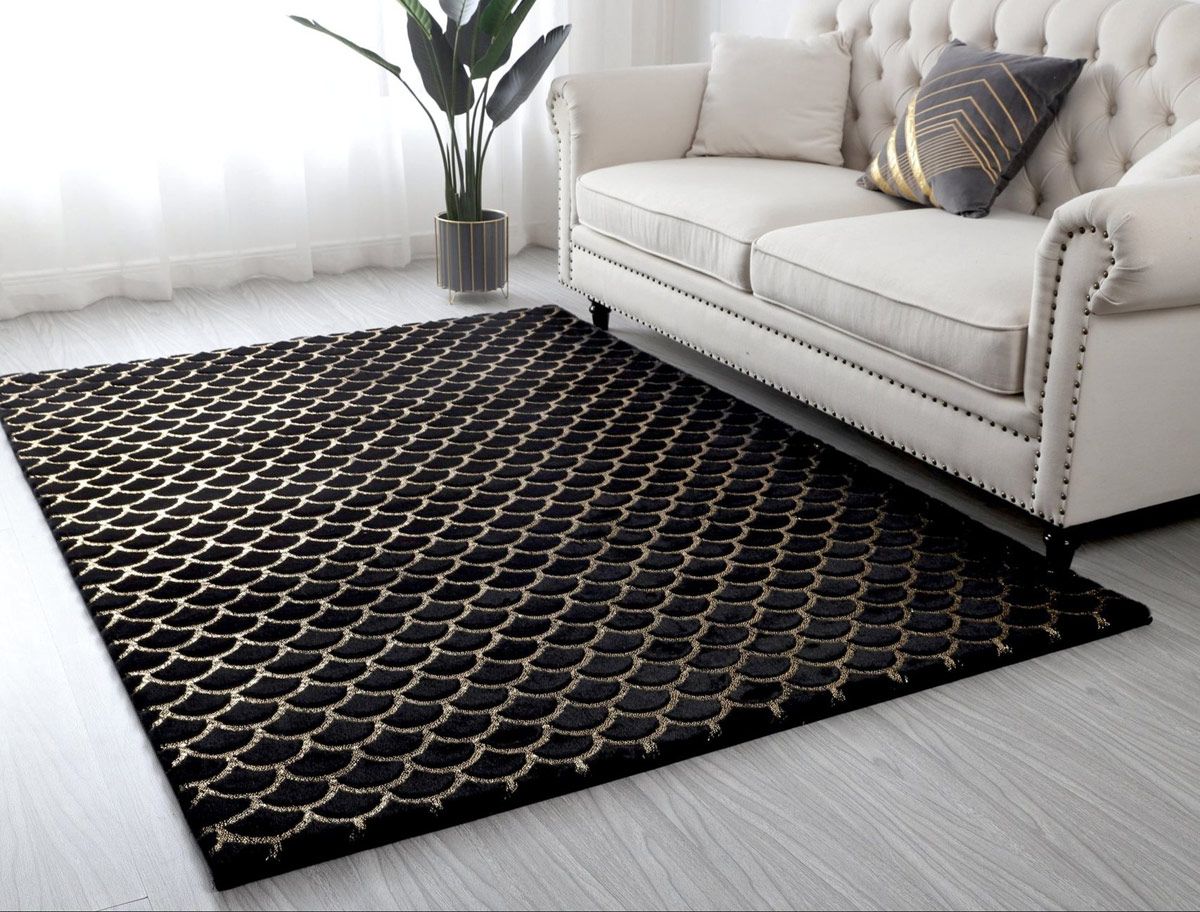 Wisteria Black Area Rug With Gold Lines