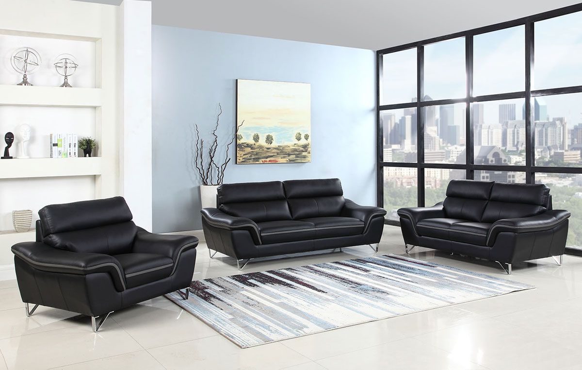 Wraith Modern Living Room Set Black Leather,Wraith Modern Sofa Black Leather