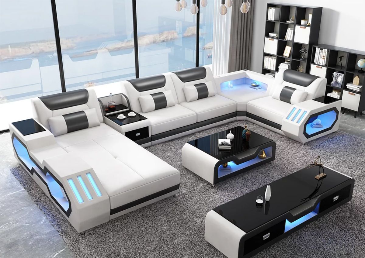 Zanika White Leather Sectional With Lights