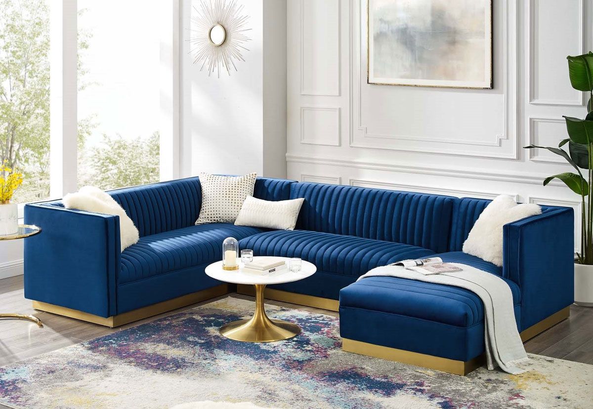 Zenfira Navy Blue Velvet U-Shape Sectional