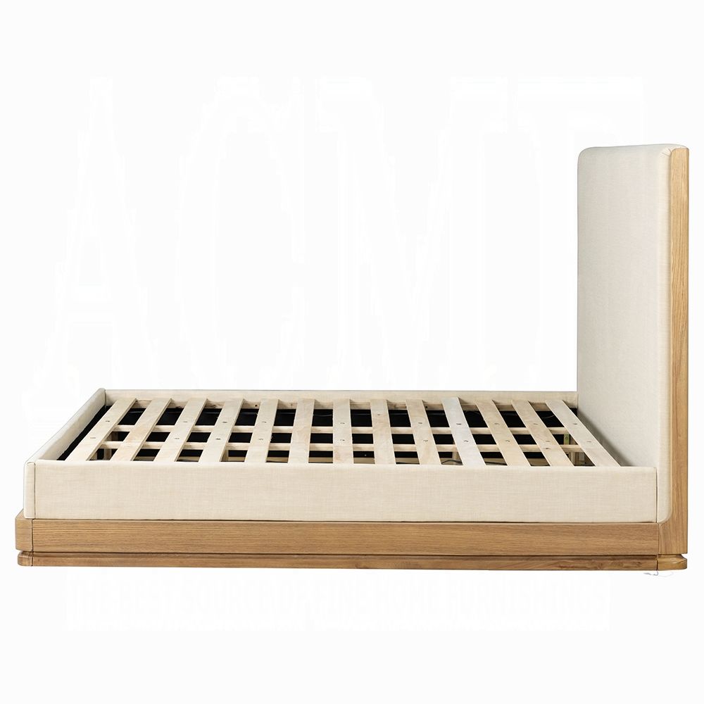 Zenith Platform Bed Beige Linen Oak Wood