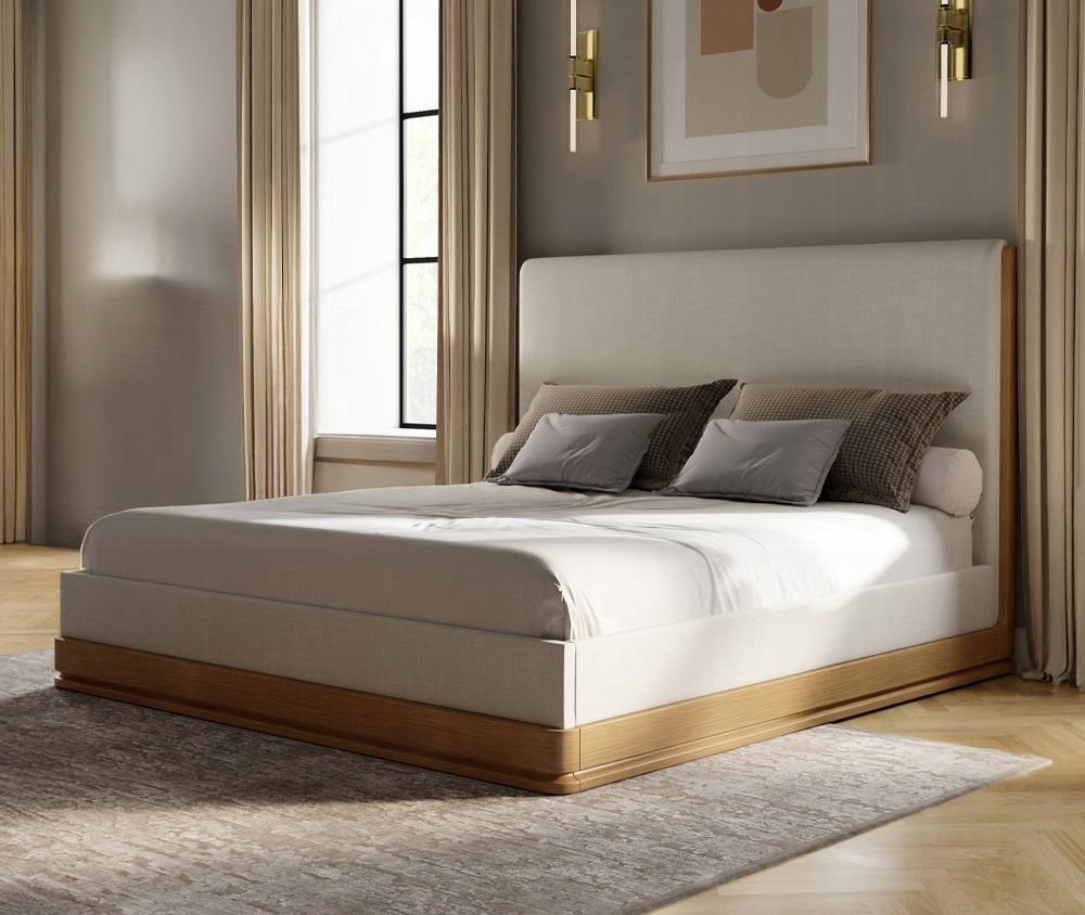 Zenith Oak Wood Beige Linen Platform Bed