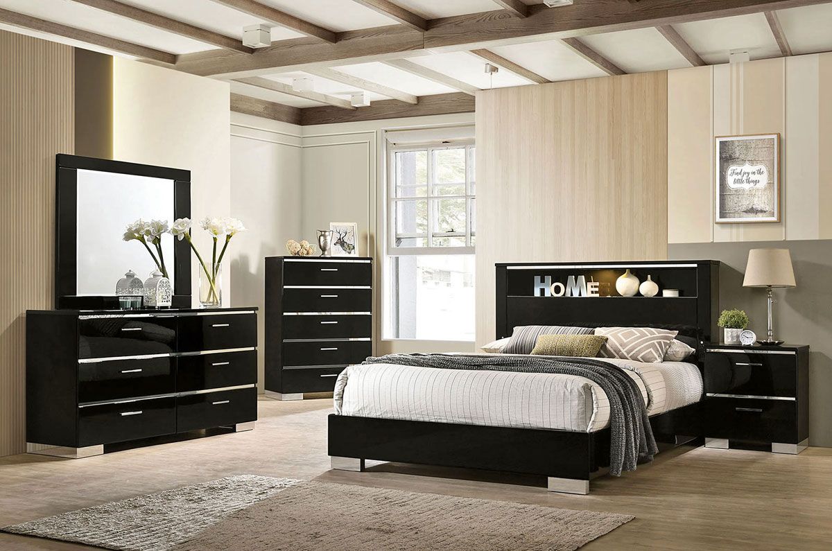Zsolt Black Lacquer Bed With Light