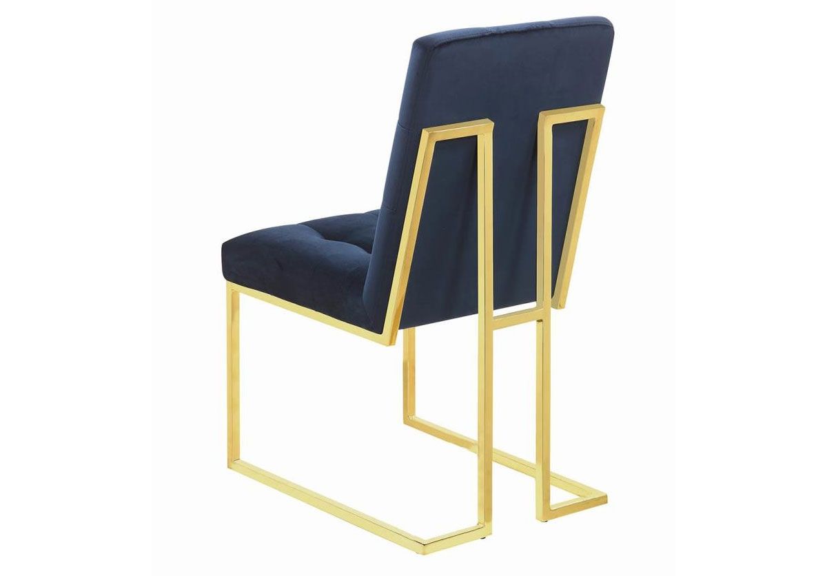 Zuri Ink Blue Velvet Chair,Zuri Round Dining Table Set Gold Finish,Zuri Gold Finish Table With Mustard Chairs,Zuri Mustard Velvet Chair
