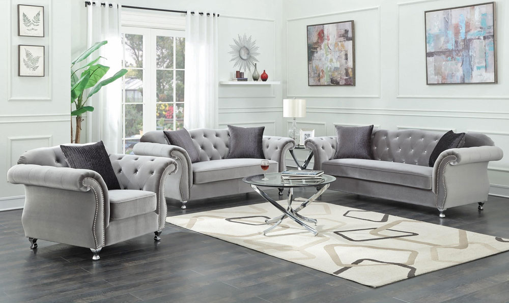 Elva Chesterfield Living Room Furniture, Grey Living Room Furniture