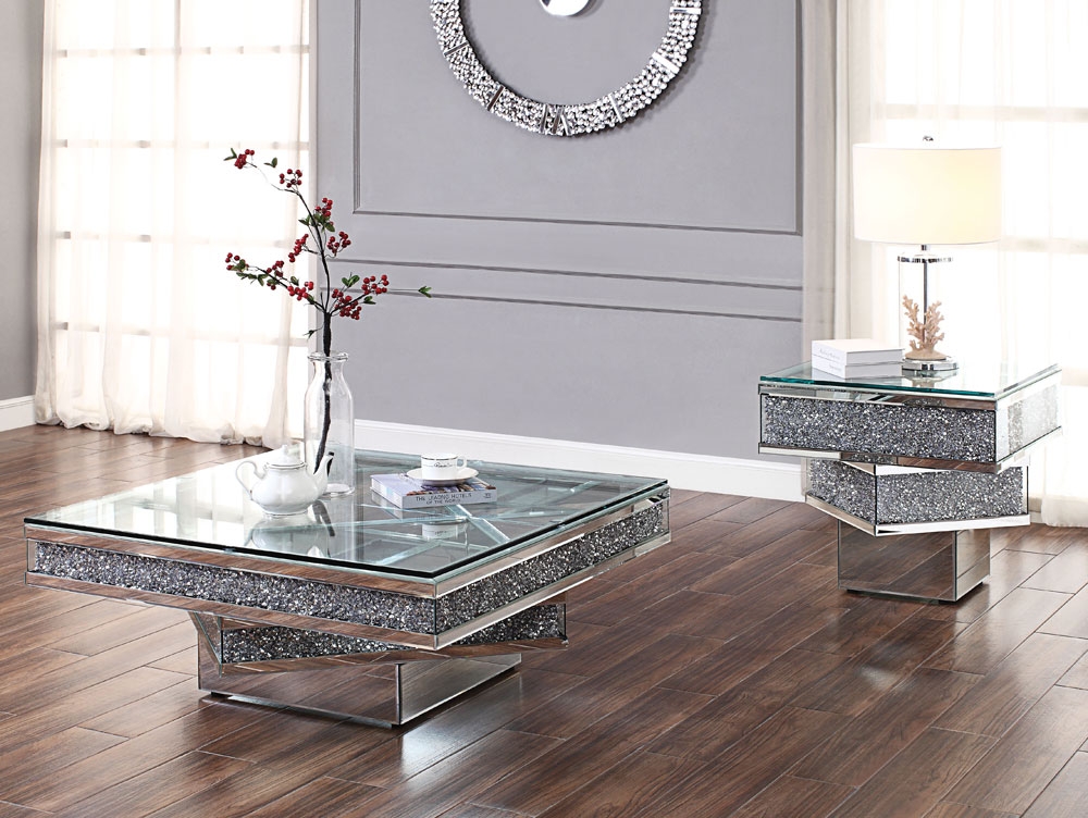 Harmony Mirrored Coffee Table With Crystals, Contemporary Mirrored Coffee Table