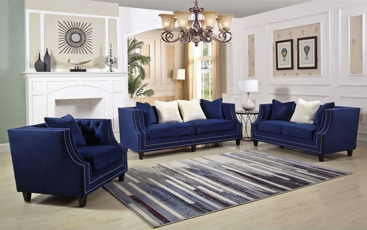 Jonas Navy Blue Velvet Sofa, Blue Sofa Living Room Set