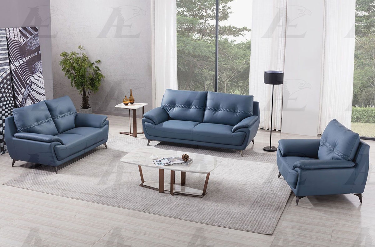 Lina Blue Leather Sofa, Blue Leather Living Room Set