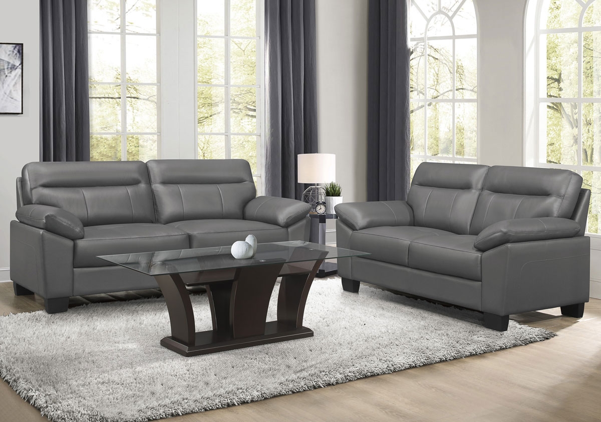 Makeda Grey Genuine Leather Sofa, Charcoal Grey Leather Sectional