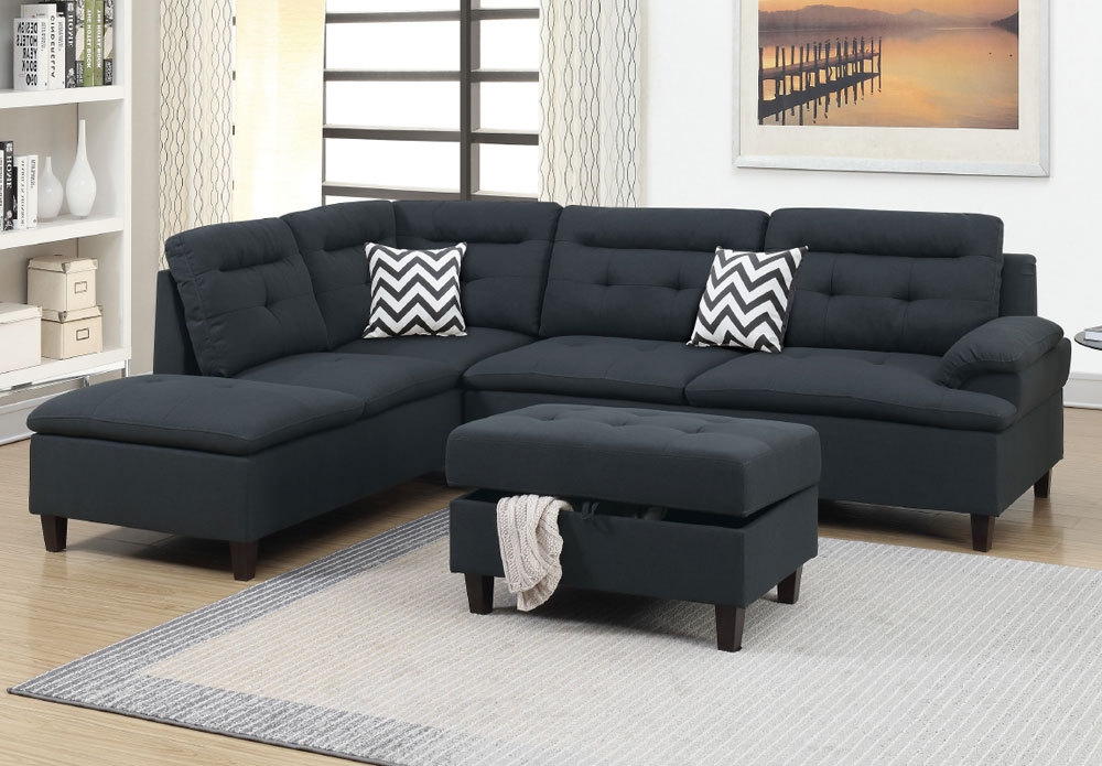 Marden Black Linen Sectional Sofa Set, Linzi Black Fabric Reversible Sectional Sofa With Ottoman By Poundex