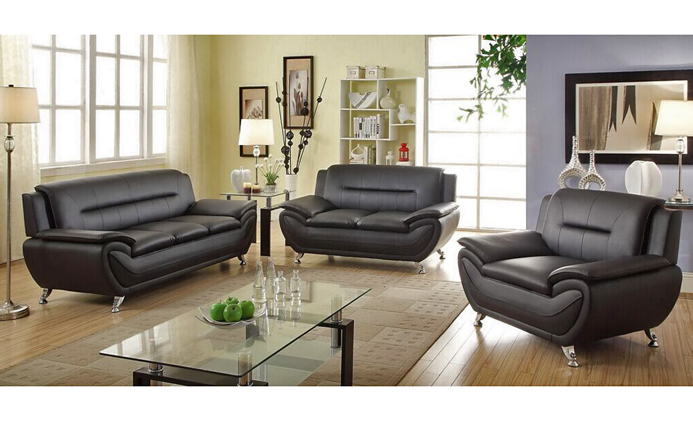 Deliah Modern Black Leather Sofa, Black Leather Room Set