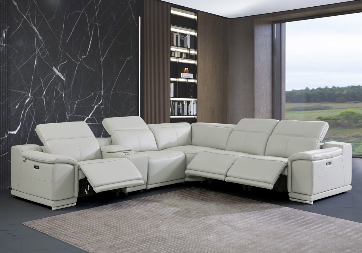 Nieves Light Grey Italian Leather, Light Grey Leather Sectional With Recliners