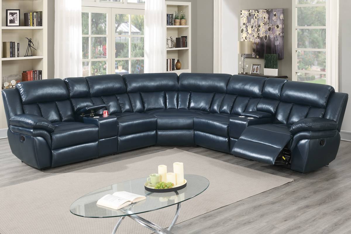 Osmond Navy Blue Leather Recliner Sectional, Navy Blue Leather Reclining Living Room Set